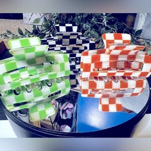 Checkered Hair Claw Clips Set - Green, Black, Orange